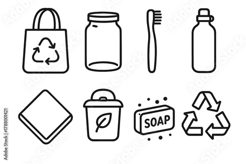 Zero Waste Icons. Zero Waste Lifestyle linear icon set: reusable bag, glass jar, bamboo toothbrush, stainless bottle, cloth napkin, compost bin, soap bar, recycling icon.