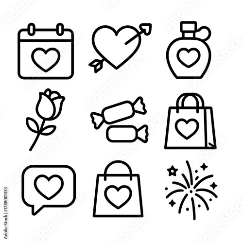Valentine's Icon Set. Sweetheart's Week (Valentine’s Week) linear icon set: calendar mark, heart arrow, rose bud, perfume bottle, wrapped sweets, love message bubble, gift bag,