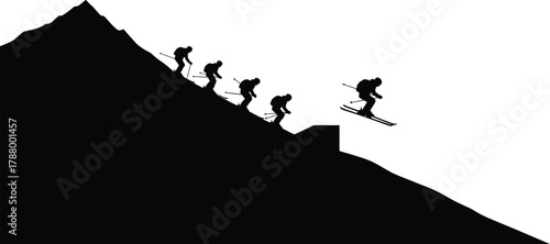 Backcountry Skiers Jumping Silhouette Vector Illustration Black and White Extreme Winter Sports Mountain Descent