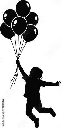 Jumping Kid Silhouette Holding Balloons Celebrating Joy and Freedom