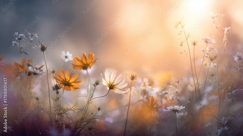 Obraz premium Ethereal Blooming Flowers in Soft Focus with Gentle Light Creating a Dreamy Atmosphere in a Delicate Meadow at Dusk