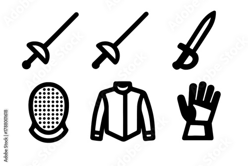 Brutalist Fencing Gear Icons. Fencing Gear silhouette icon set: foil, épée, sabre, mask, jacket, glove.