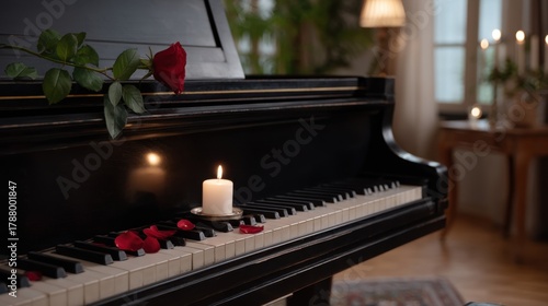 Elegant Rose Petals and Candle on Piano Lid in Cozy Ambient Setting