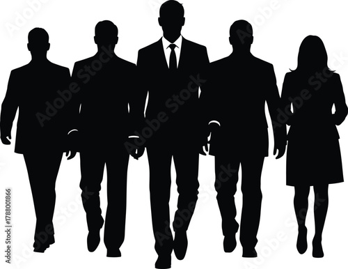 Black Silhouette Vector of Business Team Walking Five Professionals Moving Forward in Suits Corporate Group Leadership