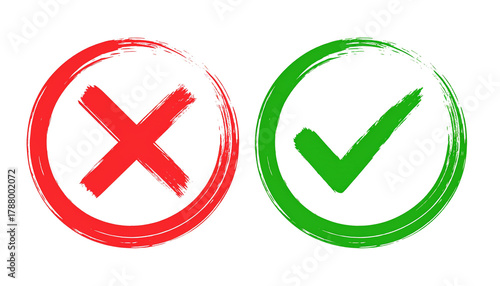 A green tick mark inside a circle and a red X mark inside a circle, isolated on a white background, perfect for indicating correct and incorrect choices or approvals and rejections.