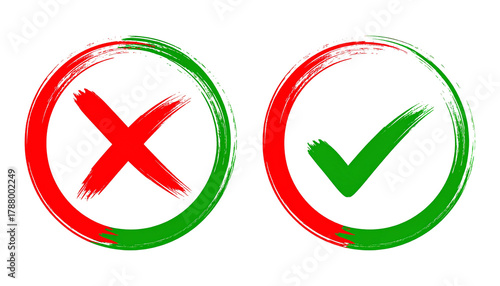 A green tick mark inside a circle and a red X mark inside a circle, isolated on a white background, perfect for indicating correct and incorrect choices or approvals and rejections.