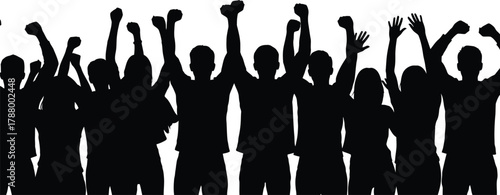 Black Silhouette Crowd of People with Raised Fists and Hands Cheering or Protesting Vector Illustration