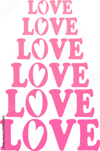 Striking Valentine's Day vector card design featuring a groovy, vertically stacked pattern of the word "LOVE" in bright pink, with playful heart-shaped cutouts replacing the letter O.