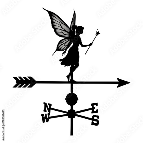 Fairy silhouette weather vane with a magic wand and wings, transparent background, isolated, vector