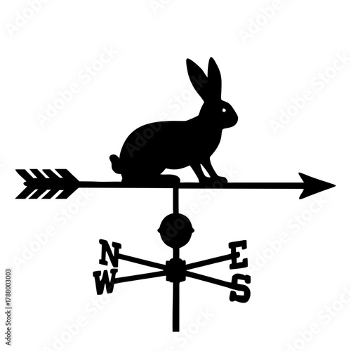 Rabbit weather vane in silhouette design indicating wind direction, transparent background, isolated, vector