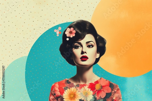 Collage Retro dreamy woman portrait painting flower.