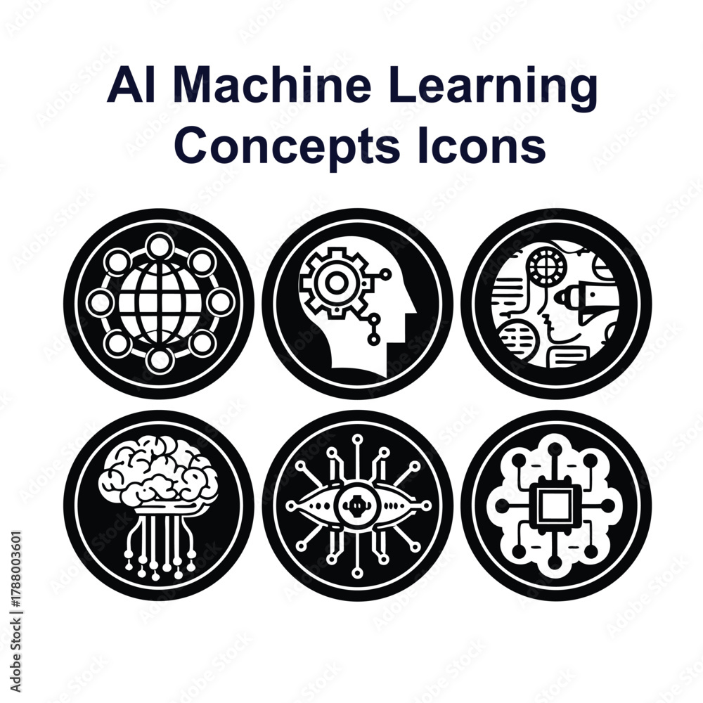 Fototapeta premium Six black and white machine learning concept icons