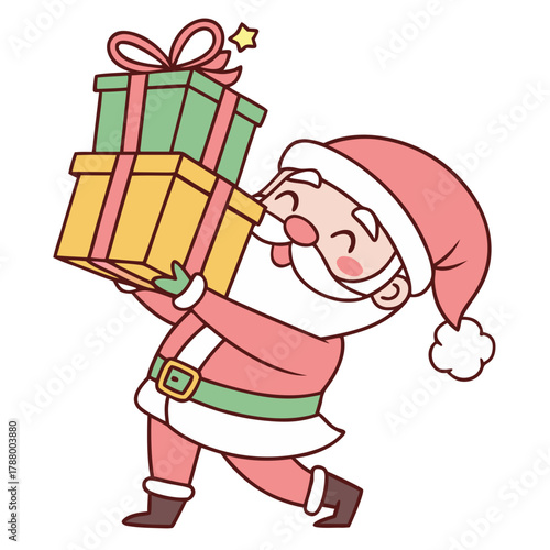 Festive Santa Claus with Christmas Gifts: A cheerful Santa Claus figure merrily carries an armful of brightly wrapped Christmas gifts, ready to spread festive cheer.