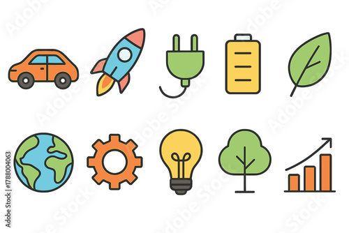 Eco-friendly energy, transportation outline icon set. Green technology, sustainability icons.