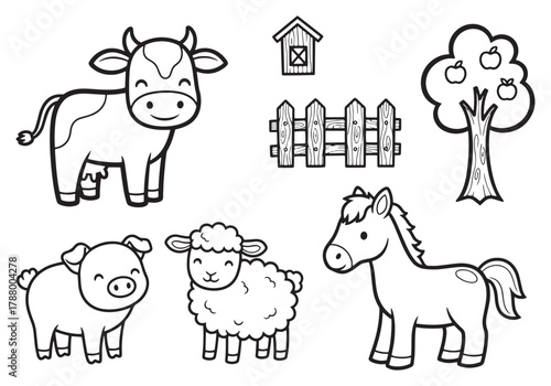 Farm Animals and Barn Coloring Page for Kids Cow, Pig, Sheep, Horse and Apple Tree