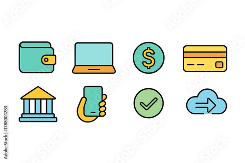 Finance and technology flat icon set. Banking, payment, digital, finance flat icons.