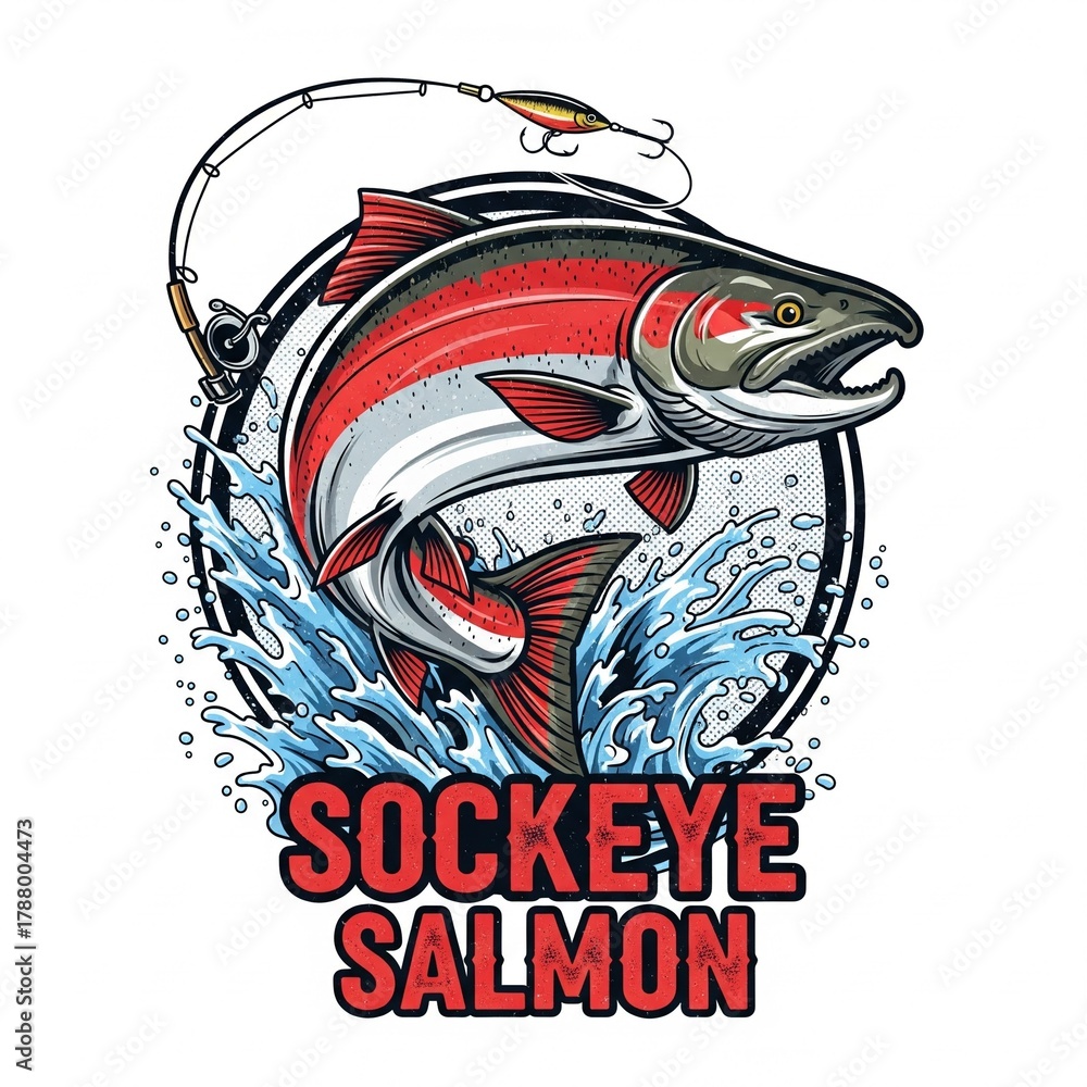 Fototapeta premium Sockeye Salmon as a logo print design on various media such as t-shirts, mugs, hats, tote bags, etc. for various events related to fishing hobbies, vintage cartoon flat design illustrations