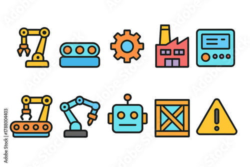 Industry, factory filled icon set. Manufacturing, automation effortlessly simplified