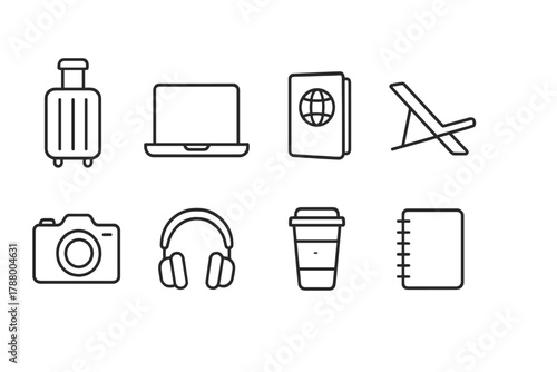 Travel and tourism linear icon set for vacation and planning essentials