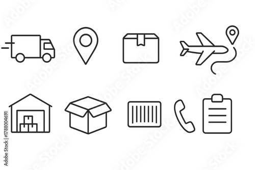 Logistics and delivery line icon set: transportation and warehouse icons in outline style