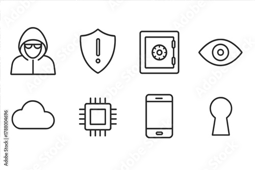 Cybersecurity outline icon set: secure tech, data protection icons for digital safety