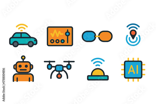 Smart technology icon set: ai, wireless, network, robotics icons in neon style