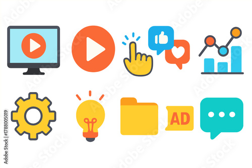 Digital marketing and seo flat icon set for online strategy and analytics tools