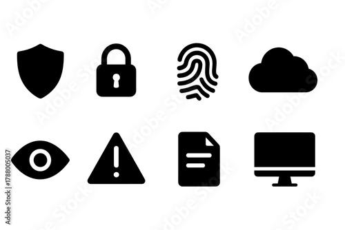 Security silhouette icon set. Lock, shield, fingerprint silhouette collection
