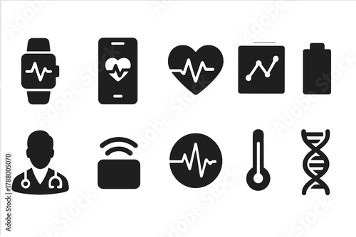 Healthcare, medical silhouette icon set. Vital signs, doctor, health symbols collection
