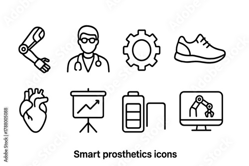 Prosthetics outline icon set: smart prosthetics, technology, healthcare symbols