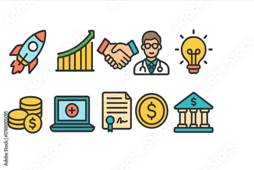 Business and finance icon set featuring colorful flat designs for digital use