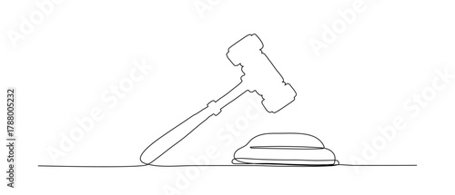 Law hammer continuous line vector illustration. Judge doodle sketch. One line silhouette isolated on white background.