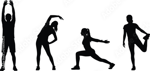 Black Silhouettes of People Exercising and Stretching Set Fitness Routine Movements Vector Illustration