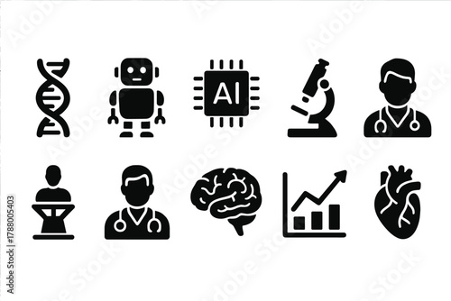 Medical and ai silhouette icon set. Healthcare, technology icons in dark silhouette style