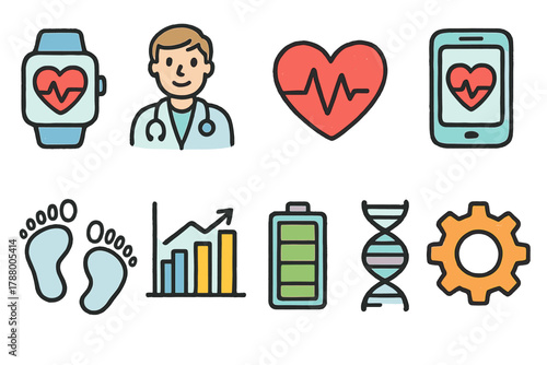 Healthcare, medical flat icon set. Doctor, health, fitness, technology icons collection