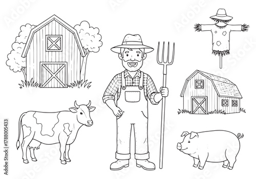 A charming collection of black and white farm life illustrations with a farmer, cow, pig, scarecrow, and barns, ready for coloring