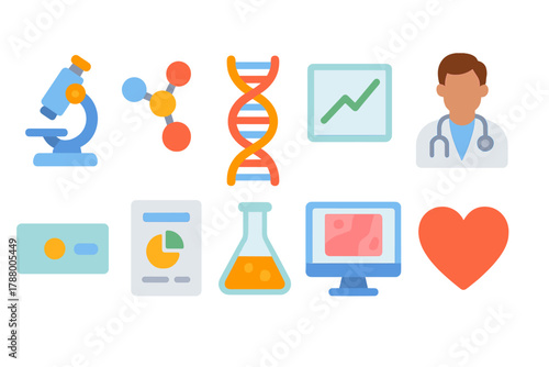 Health, medical flat icon set. Science, research, dna icons flat collection
