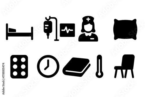Hospital and medical silhouette icon set. Healthcare, patient care silhouettes collection
