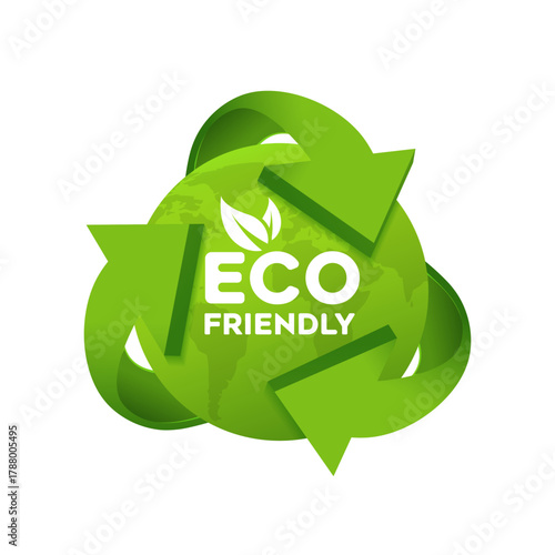 Eco friendly icons. Cartoon planet Earth. Recycle symbol with Earth. Green leaf leaves. Save green planet concept. Vector illustration