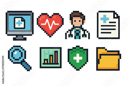 Health and medical pixel icon set. Healthcare, doctor, heartbeat, folder icons collection.