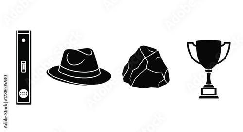Collection of Silhouetted Objects Including a Level, Hat, Rock, and Trophy Keywords: level, spirit level, measuring tool, construction, hat, fedora, cap, headwear, rock, stone, boulder, mineral