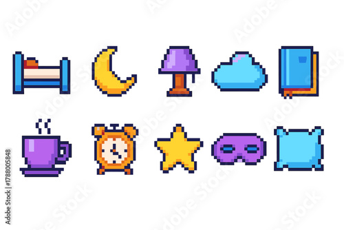 Pixel art sleep icon set. Sleep, relaxation, night, rest icons in pixel art style
