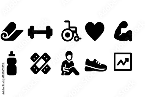 Health and fitness solid icon set. Gym, wellness, exercise icons collection.