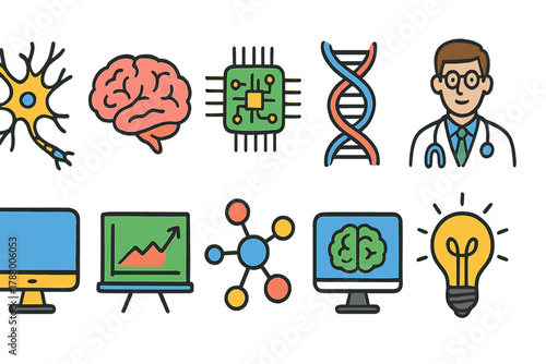 Neuroscience flat icon set for researchers, technology, and education visuals