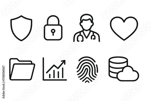 Security and data outline icon set for digital protection and information management