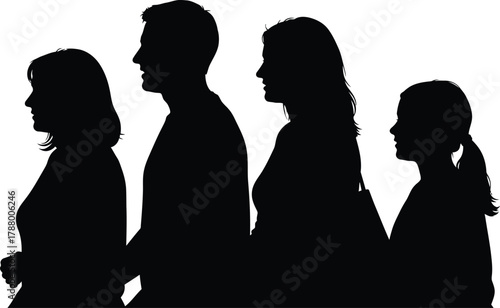 Family Group Silhouette Standing in Profile View Vector Illustration
