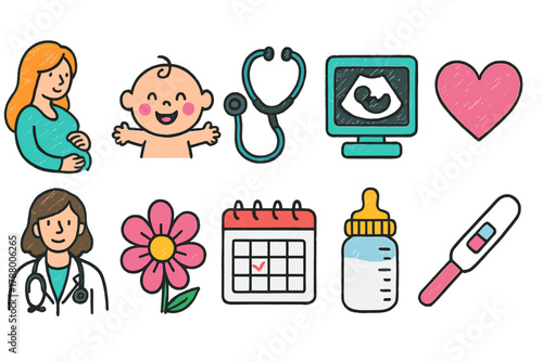 Pregnancy and baby outline icon set. Childbirth and maternity icon collection.