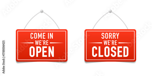 Store door sign. Come in were open and closed signboard note, opening and coming soon, welcome and will be right back vector set. Hanging board with text message for business retailing. Vector