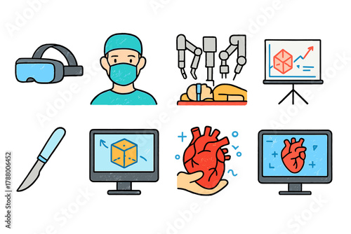 Surgery and vr line icon set. Medical procedures and virtual reality outline collection