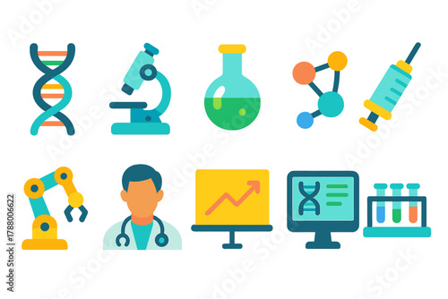 Medical and science neon icon set. Healthcare, laboratory, research icons in neon style